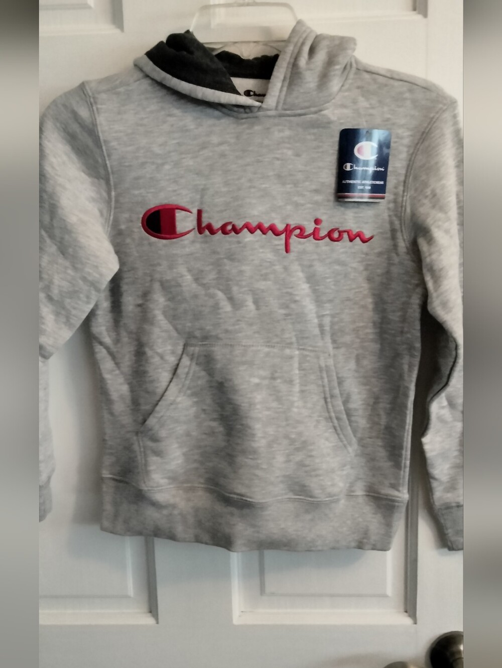 Champion Heather Gray Hoodie with Red Script Logo